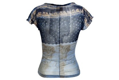 2000s Italian brand sheer mesh cap sleeves top with abstract print - Made in Italy