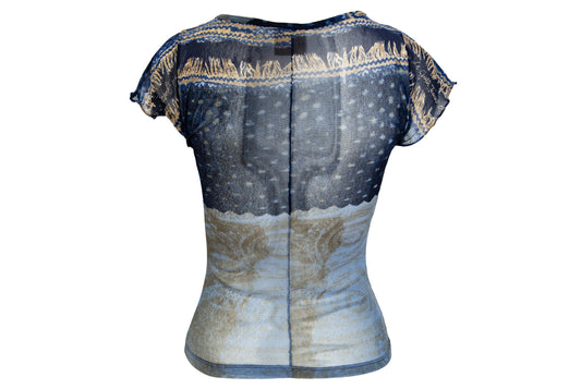 2000s Italian brand sheer mesh cap sleeves top with abstract print - Made in Italy
