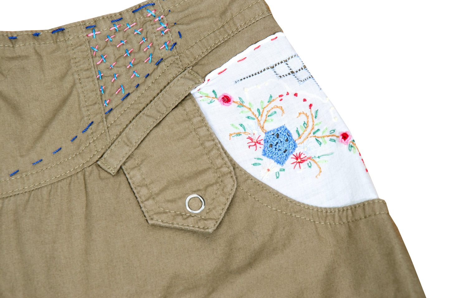 2000s Gaetano Navarra olive ruffled mini skirt with embroideries and decorative stitching