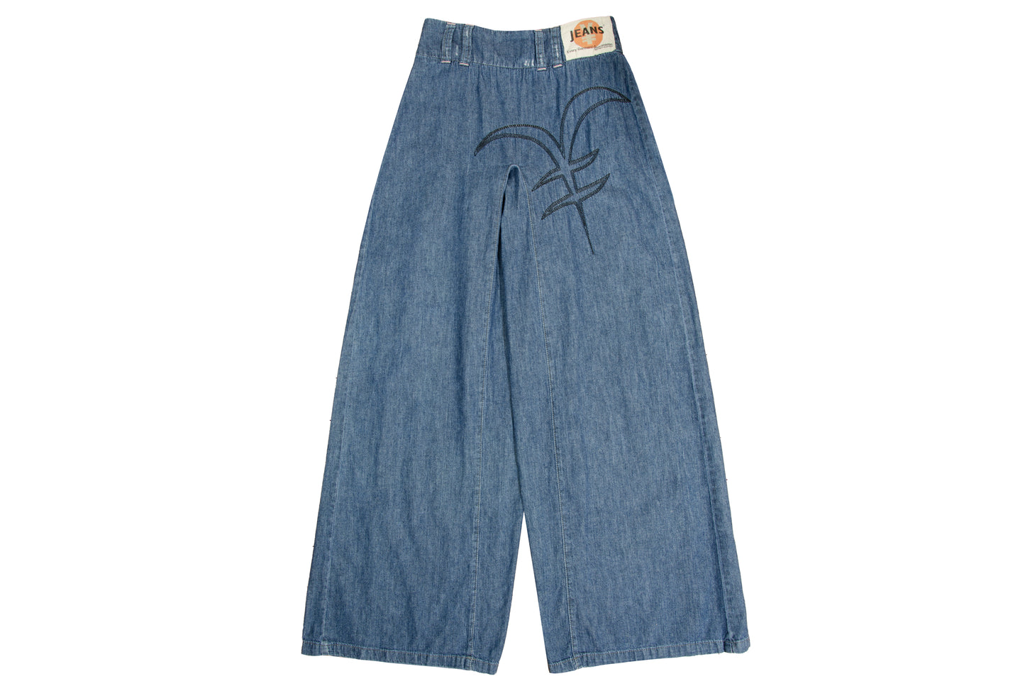 2000s Michiko Koshino two tone patchwork blue denim dramatic wide leg pants