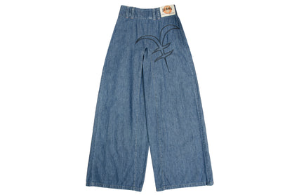 2000s Michiko Koshino two tone patchwork blue denim dramatic wide leg pants