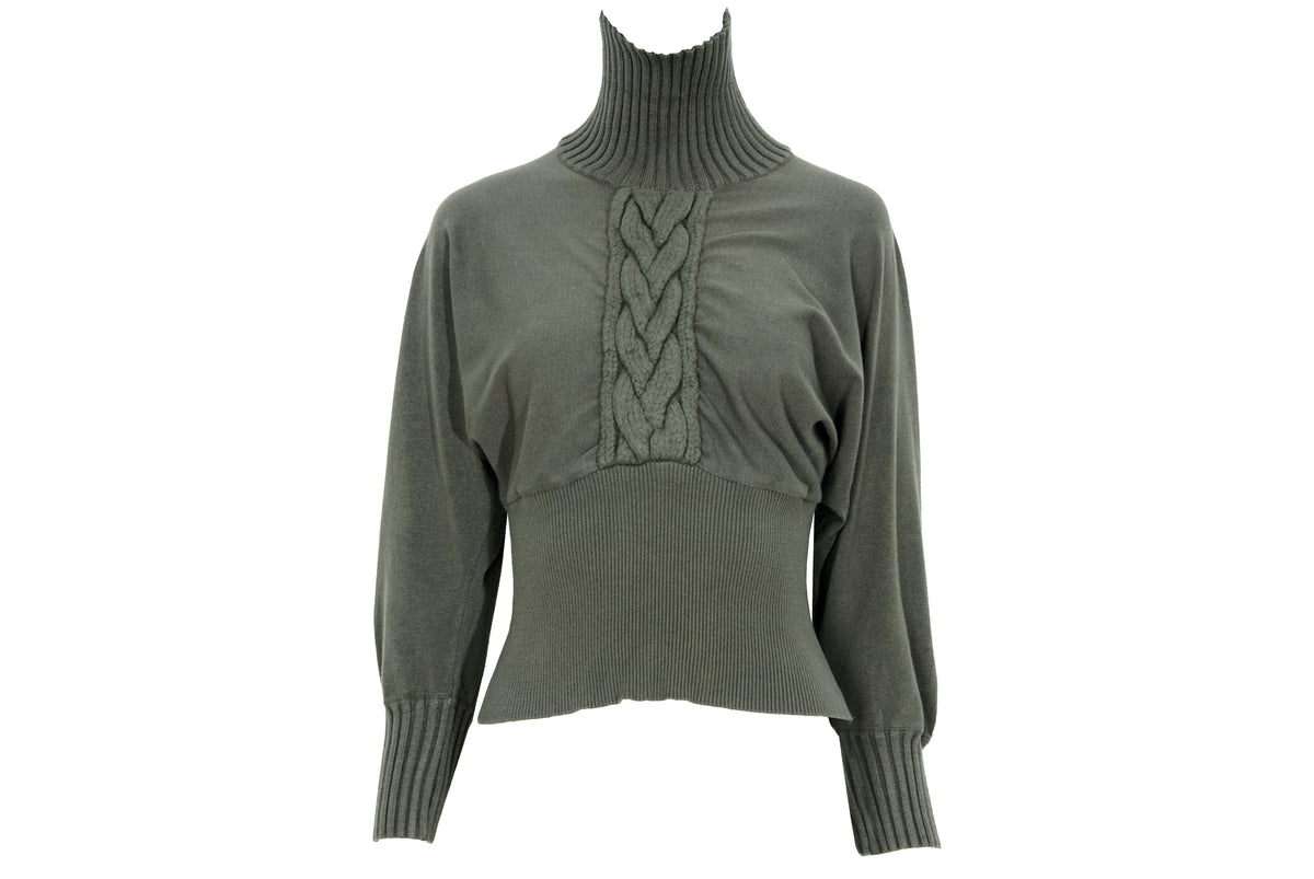 F/W 2001 Amaya Arzuaga olive green knit top with fitted waist and puff sleeves