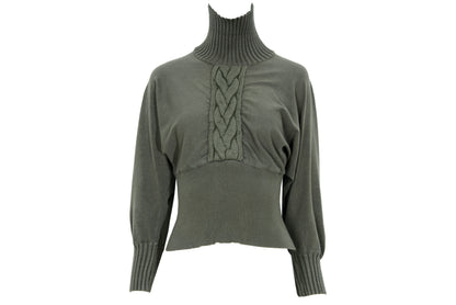 F/W 2001 Amaya Arzuaga olive green knit top with fitted waist and puff sleeves
