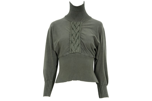 F/W 2001 Amaya Arzuaga olive green knit top with fitted waist and puff sleeves