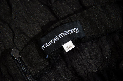 90s Marcel Marongiu black sleeveless top with permanent pleats and mesh ruffle trim