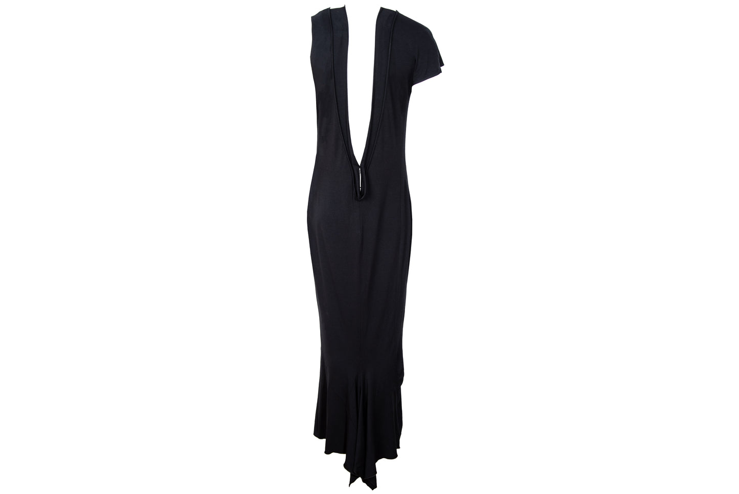 Vintage PierAntonioGaspari minimal black maxi dress with dramatic low back and asymmetrical sleeves