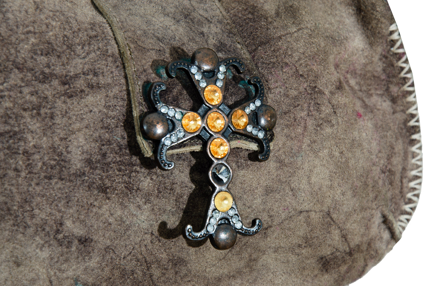90s aged brown suede medieval bejeweled cross bag - Made in Italy