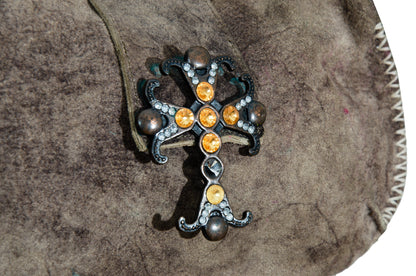 90s aged brown suede medieval bejeweled cross bag - Made in Italy
