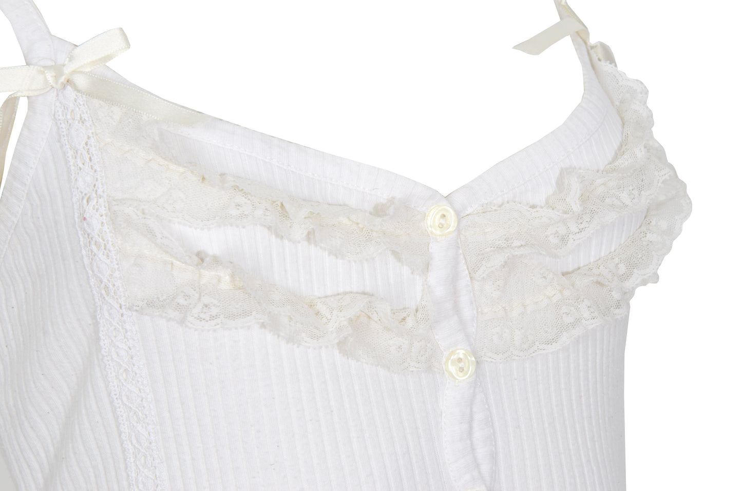 1990s Italian white ribbed cotton slip dress with ruffle lace and satin ribbons details