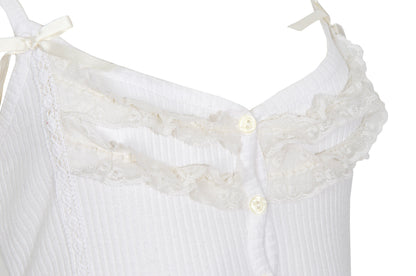 1990s Italian white ribbed cotton slip dress with ruffle lace and satin ribbons details