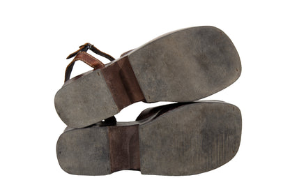 90s Mia brown leather wood split sole chunky platform clogs - Made in Brazil