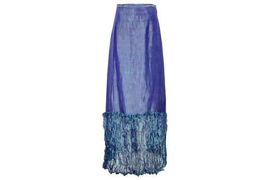 Vintage zari and silk blend iridescent peacock color shifting maxi skirt with crinkled hem