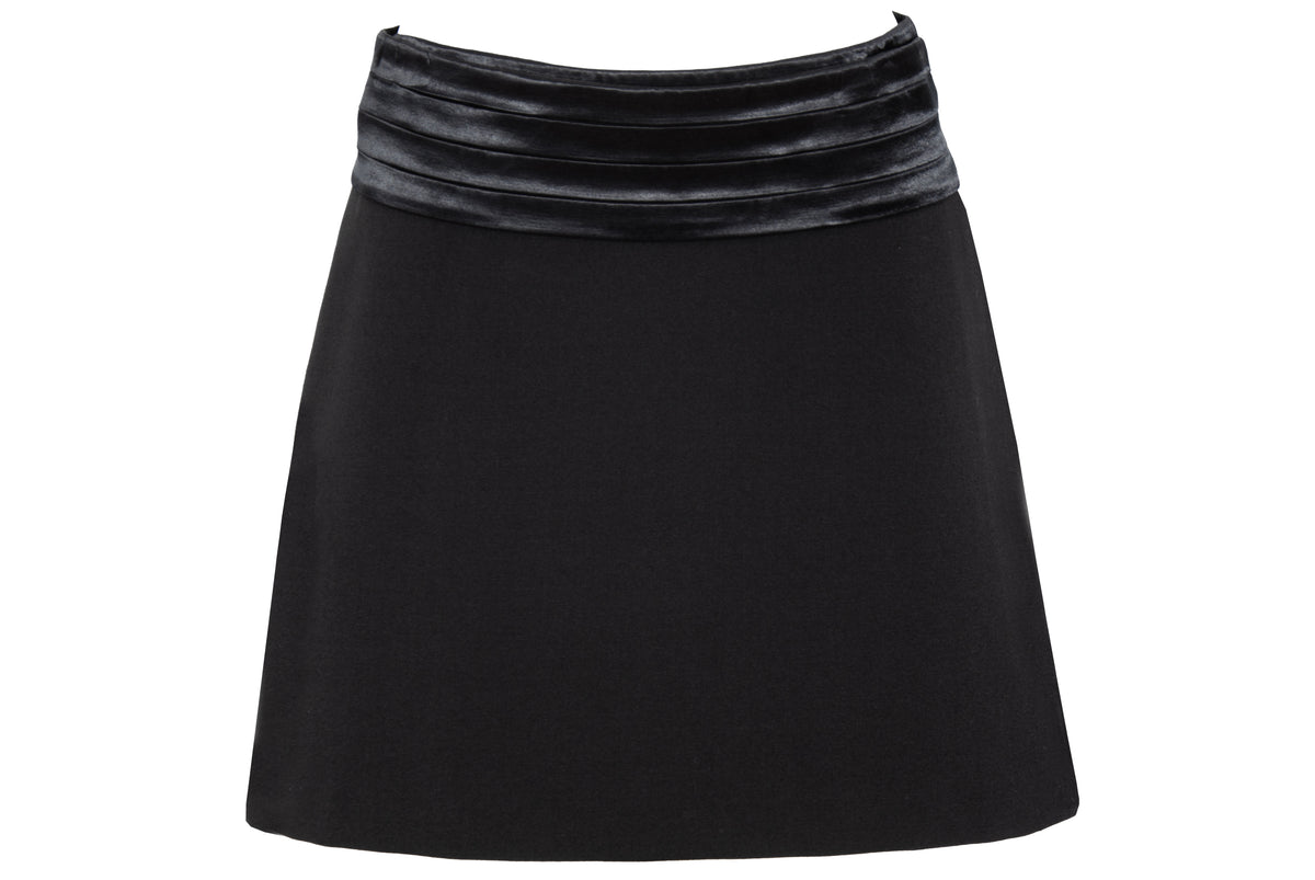 F/W 2001 Simultaneous black mini wrap skirt with pleated satin cummerbund waistband
