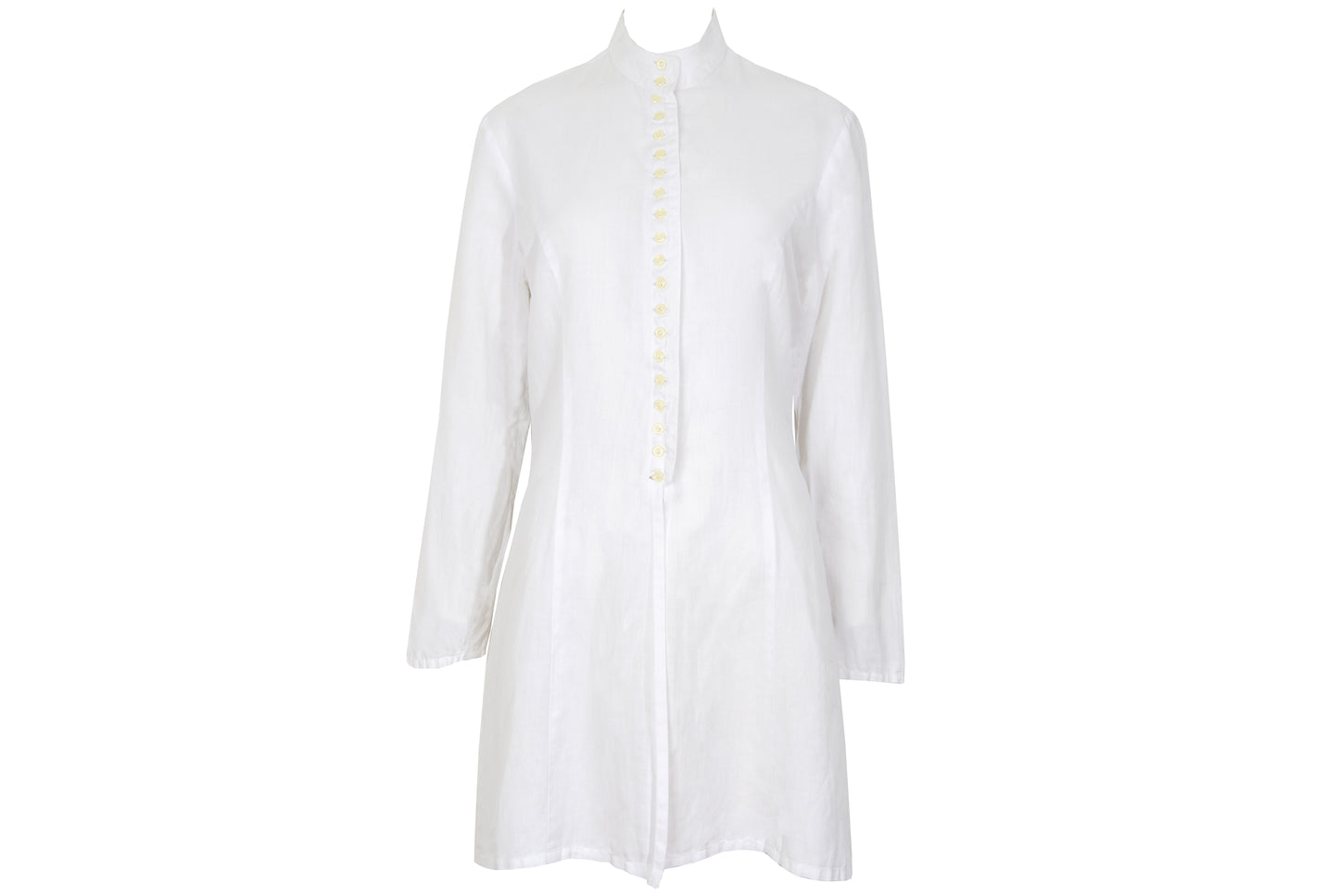 90s minimalist white cotton shirt with multi-button closure and stand collar
