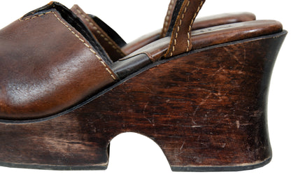 90s Mia brown leather wood split sole chunky platform clogs - Made in Brazil