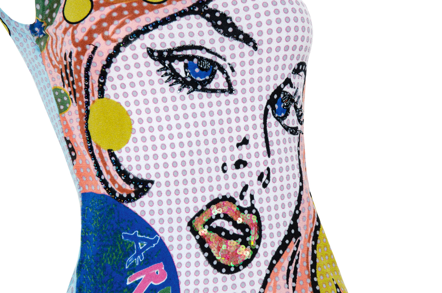 2000s pop art inspired tank top - Comic style portrait adorned with sequins and beads