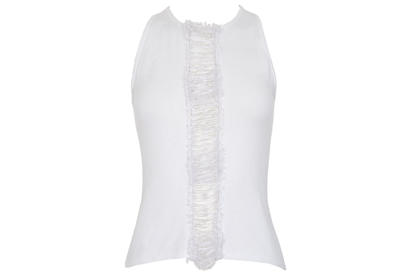 2000s Amaya Arzuaga white knit top with frayed mesh and ribbon corset front