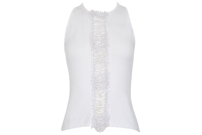 2000s Amaya Arzuaga white knit top with frayed mesh and ribbon corset front