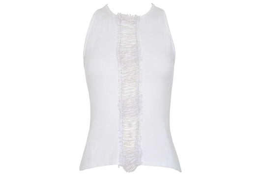 2000s Amaya Arzuaga white knit top with frayed mesh and ribbon corset front