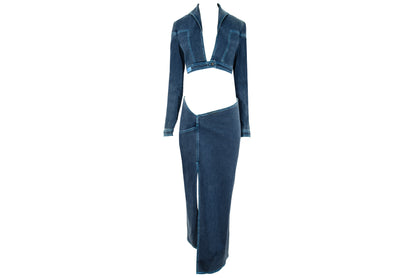 2000s Fatima Lopes cropped jacket and low waisted skirt denim set