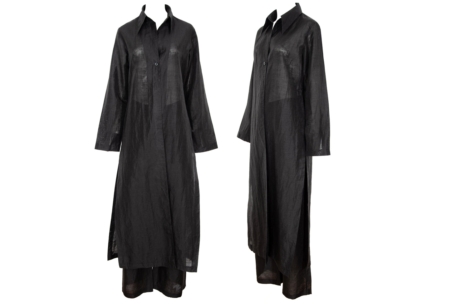 Vintage minimalist black linen long shirt jacket & pants two piece set
