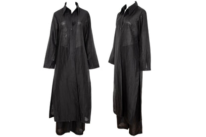 Vintage minimalist black linen long shirt jacket & pants two piece set