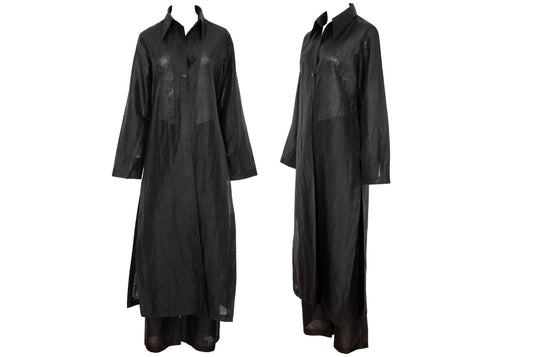 Vintage minimalist black linen long shirt jacket & pants two piece set