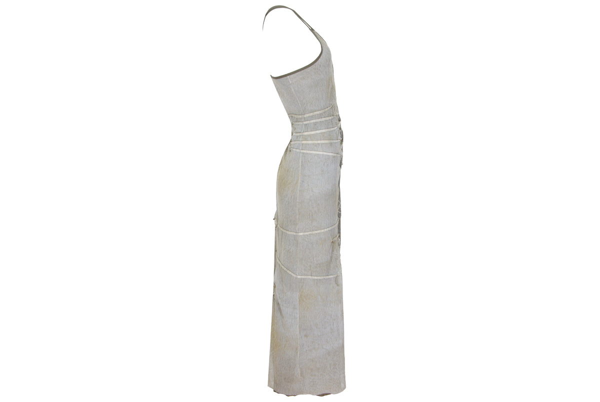 90s French brand mesh earth tones abstract print criss cross back spaghetti straps dress