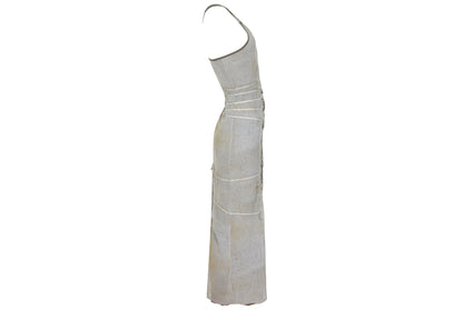 90s French brand mesh earth tones abstract print criss cross back spaghetti straps dress
