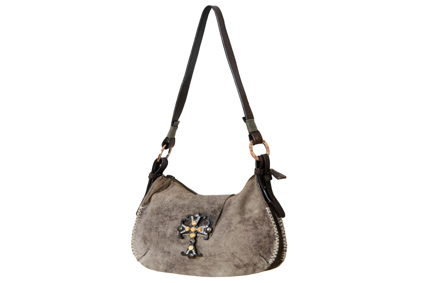 90s aged brown suede medieval bejeweled cross bag - Made in Italy