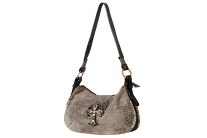 90s aged brown suede medieval bejeweled cross bag - Made in Italy