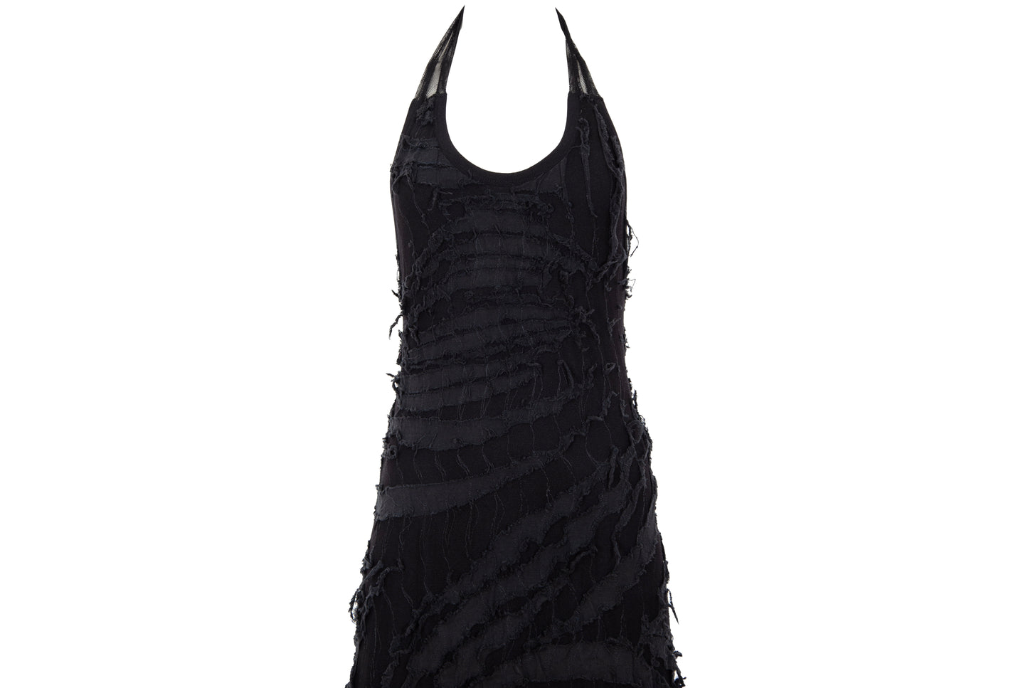 Vintage Italian designer abstract frayed cotton and mesh halter neck maxi dress