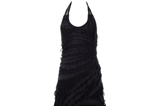 Vintage Italian designer abstract frayed cotton and mesh halter neck maxi dress