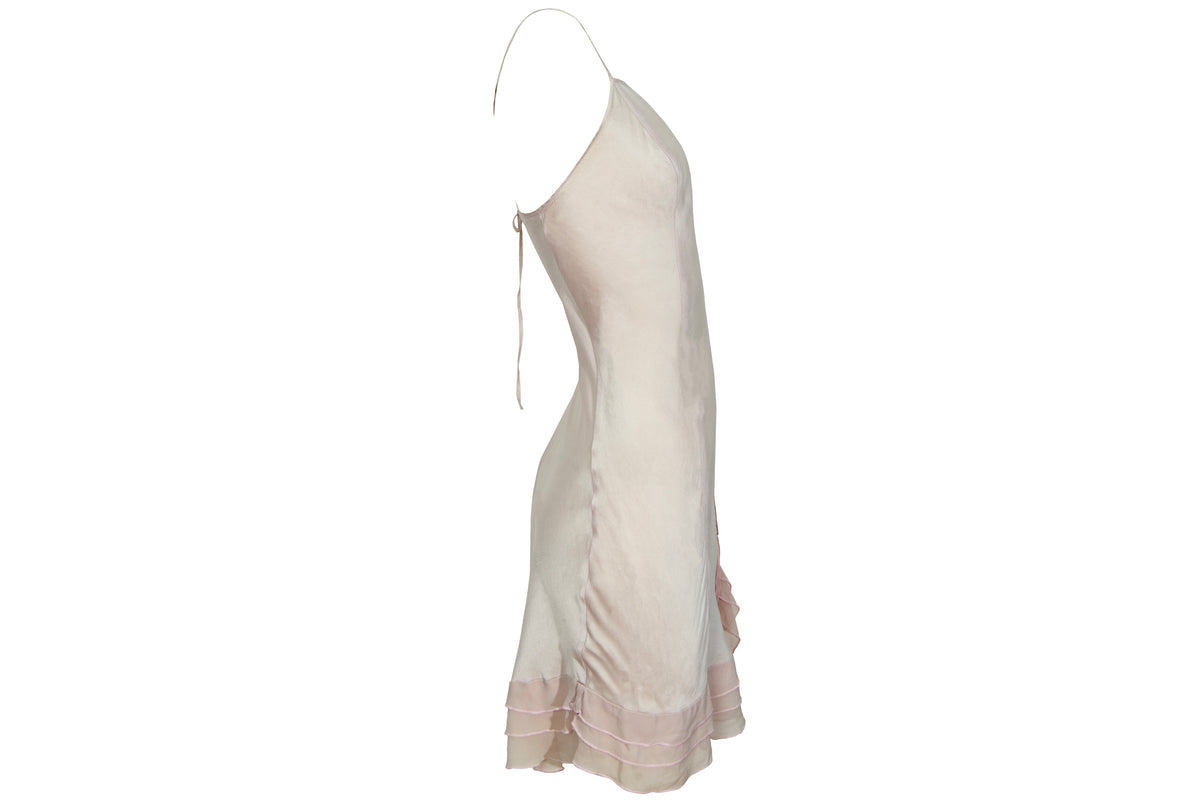 Vintage 100% silk pale blush pink open back ruffle hem spaghetti straps slip dress
