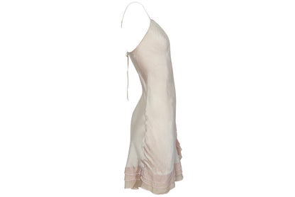 Vintage 100% silk pale blush pink open back ruffle hem spaghetti straps slip dress