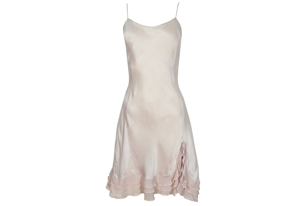 Vintage 100% silk pale blush pink open back ruffle hem spaghetti straps slip dress