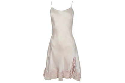 Vintage 100% silk pale blush pink open back ruffle hem spaghetti straps slip dress
