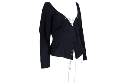 Vintage Easton Pearson black cotton corset inspired lace-up blouse with zip back opening