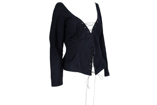Vintage Easton Pearson black cotton corset inspired lace-up blouse with zip back opening