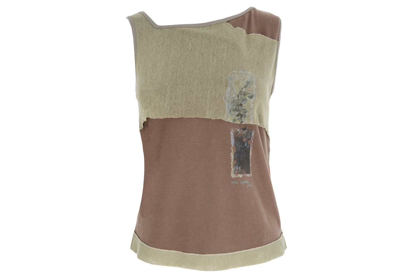 2000s Cop Copine cotton tank top with mesh overlays and abstract photo print