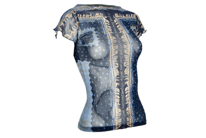 2000s Italian brand sheer mesh cap sleeves top with abstract print - Made in Italy