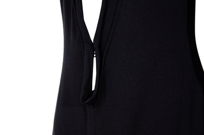 Vintage PierAntonioGaspari minimal black maxi dress with dramatic low back and asymmetrical sleeves