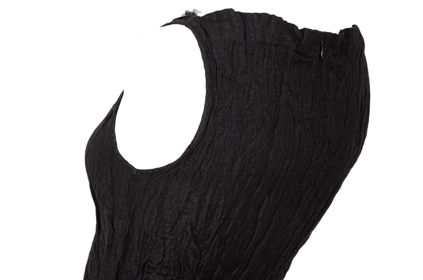 90s Marcel Marongiu black sleeveless top with permanent pleats and mesh ruffle trim