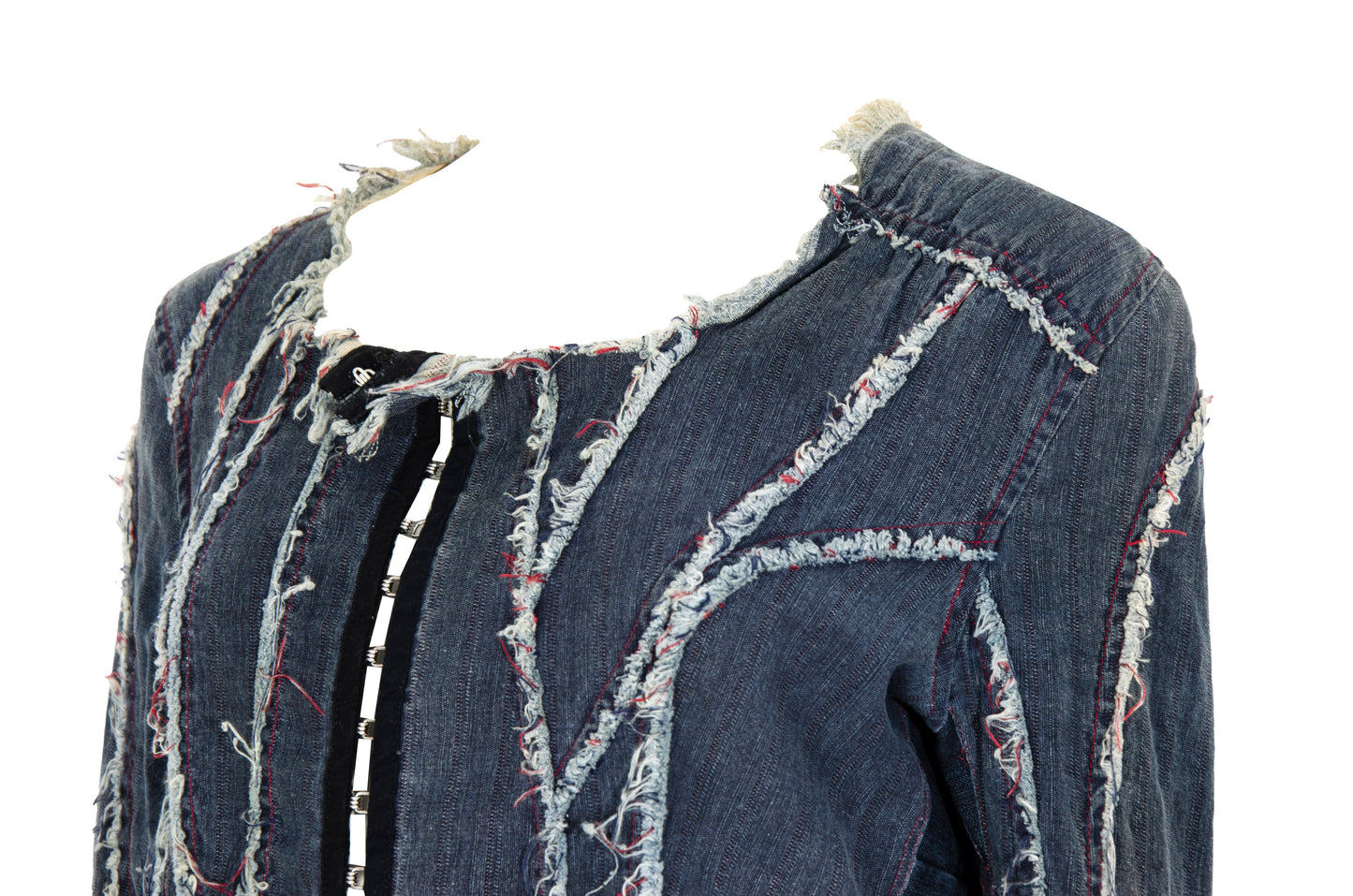 2000s French brand deconstructed denim hook & eye closure distressed denim shirt