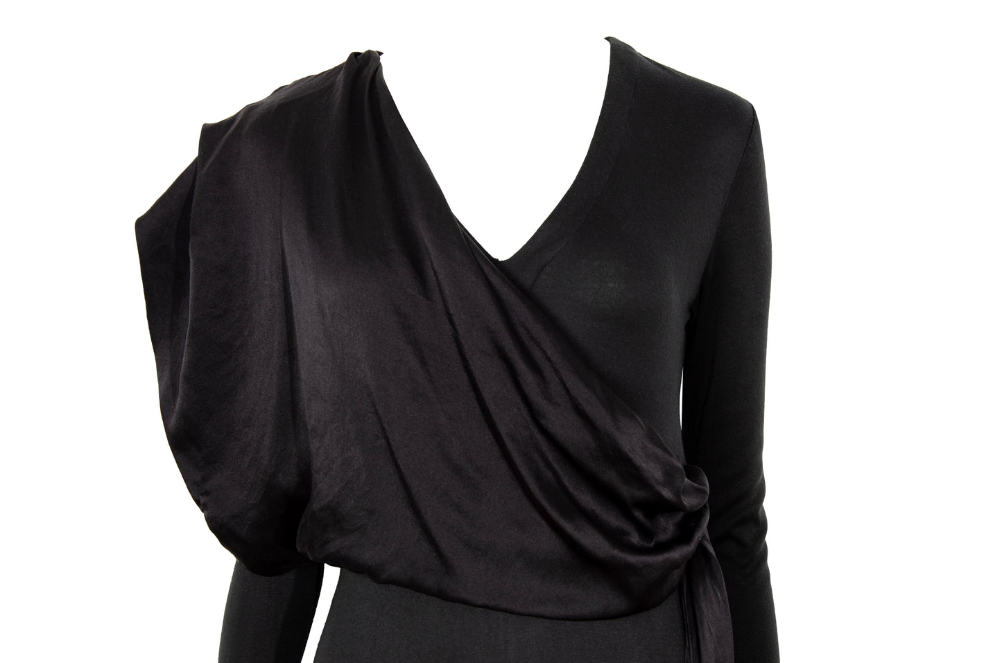 1980s Michel Klein black dress with draped 100% silk integrated scarf