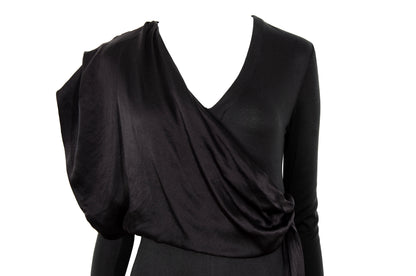 1980s Michel Klein black dress with draped 100% silk integrated scarf