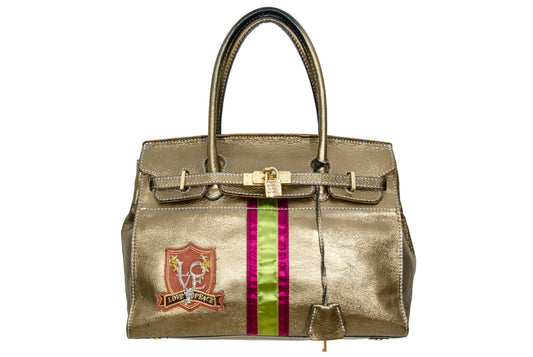 Vintage "Birkin" style Japanese brand golden bronze tone leather turnlock bag / Made in Japan