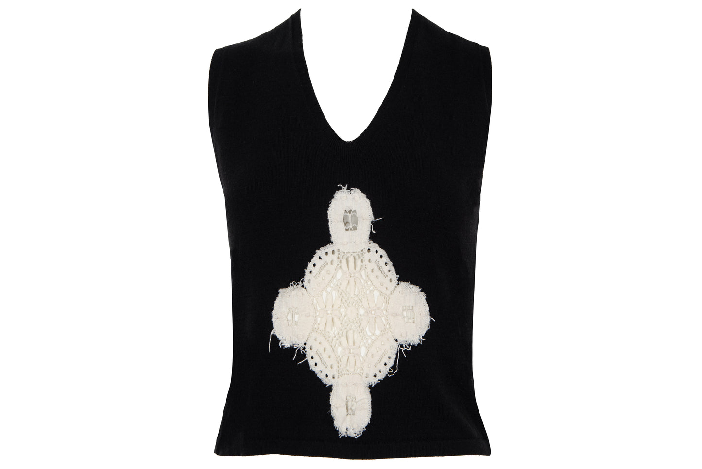 2000s Amaya Arzuaga soft black knit top with ecru doily appliqué - Made in Spain