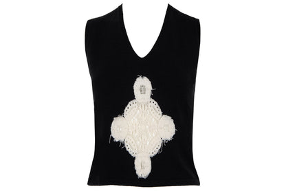 2000s Amaya Arzuaga soft black knit top with ecru doily appliqué - Made in Spain