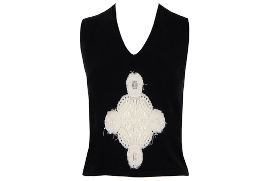 2000s Amaya Arzuaga soft black knit top with ecru doily appliqué - Made in Spain